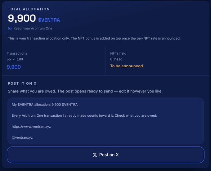 A screenshot showing a "TOTAL ALLOCATION" of 9,900 $VENTRA tokens read from Arbitrum One, based on 55 transactions, with options to post the allocation on X.