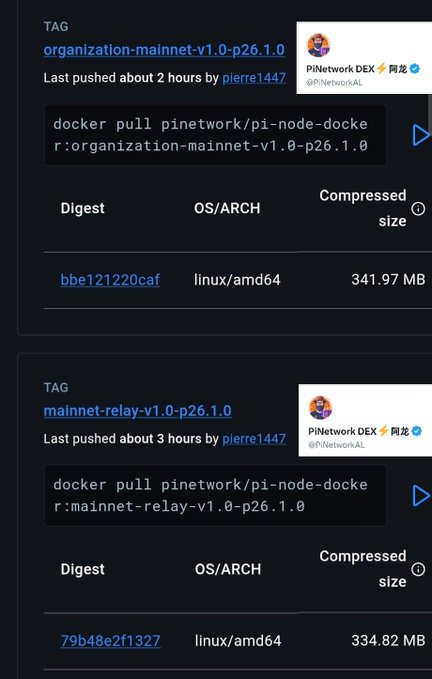 The image displays two Docker image tags from Pi Network: "organization-mainnet-v1.0-p26.1.0" and "mainnet-relay-v1.0-p26.1.0", showing the pull commands, digests, and compressed sizes (341.97 MB and 334.82 MB respectively), confirming the official release of the P26.1.0 node Docker images pushed by developer pierre1447 as mentioned in the post.
