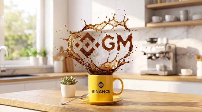 Binance branded yellow mug splashing coffee shaped into 'GM' with the Binance logo, set in a kitchen scene.