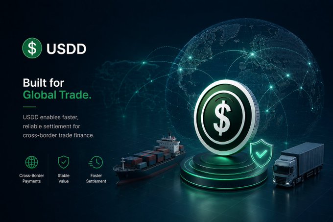 A promotional graphic for USDD cryptocurrency with the tagline 'Built for Global Trade,' featuring a coin with a dollar sign, a cargo ship, and a truck against a world map backdrop.