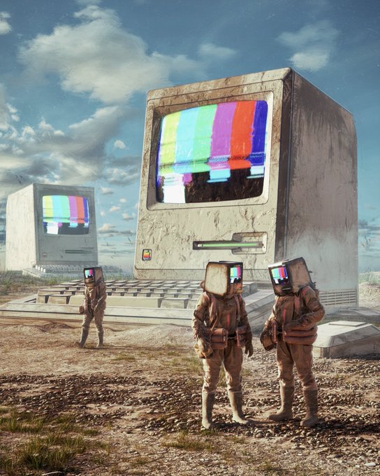 A surreal digital artwork depicting figures with old television sets for heads, wearing brown outfits and standing in a barren landscape with giant vintage Mac computers displaying color bars.