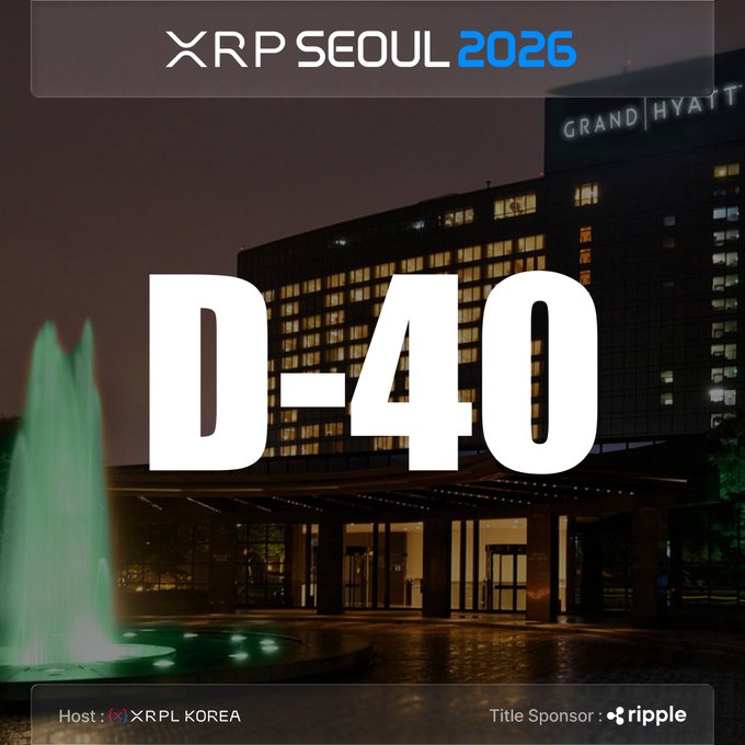 Promotional graphic for 'XRP SEOUL 2026' at the Grand Hyatt, featuring a countdown of 'D-40' with a green-lit fountain at night. Hosted by XRPL KOREA and sponsored by Ripple.