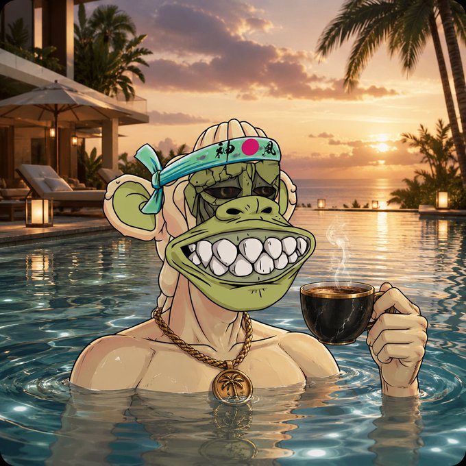 A cartoon-style illustration of a muscular, grinning monkey character wearing a Japanese-style headband, gold chain with palm tree pendant, relaxing in a luxury infinity pool at sunset while holding a cup of coffee.