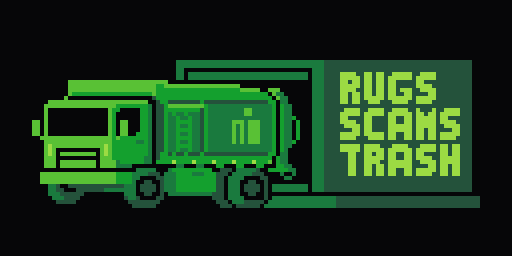 A green pixel-art style logo featuring a garbage truck with the text "RUGS SCAMS TRASH" on the right side.