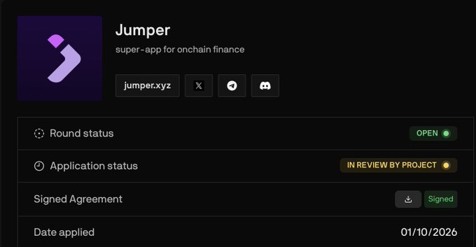 A dashboard for 'Jumper', a super-app for onchain finance, showing the round status as OPEN, application status as IN REVIEW BY PROJECT, and a signed agreement applied on 01/10/2026.