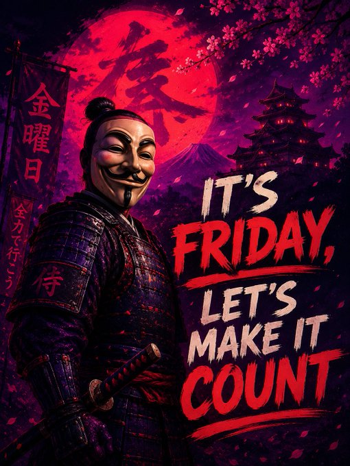 A stylized digital illustration of a samurai wearing a V for Vendetta mask, set against a red moon with cherry blossoms and a Japanese castle, featuring the text "IT'S FRIDAY, LET'S MAKE IT COUNT" in bold red and white lettering.