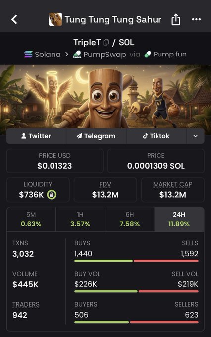 A cryptocurrency tracking screen for "Tung Tung Tung Sahur" (TripleT/SOL) showing a price of $0.01323, market cap of $13.2M, and various trading metrics on Solana via PumpSwap/Pump.fun.