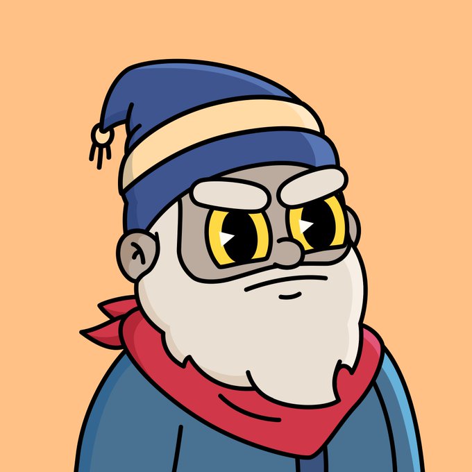 A cartoon illustration of an elderly owl character wearing glasses, a blue sleeping cap with a tassel, and a red bandana around its neck.