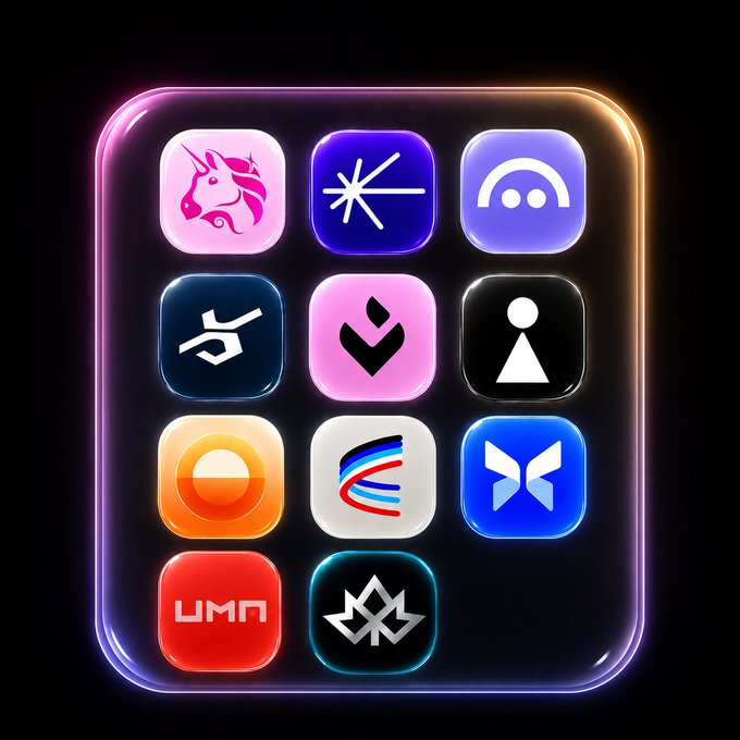 The image features a square display with various app icons arranged in rows against a black background. The icons include logos for apps such as Ummn, Canopy, and XyloNet. The post about cryptocurrency names has been edited to include these app icons, creating an interesting visual connection between the app icons and the discussion of cryptocurrency names.