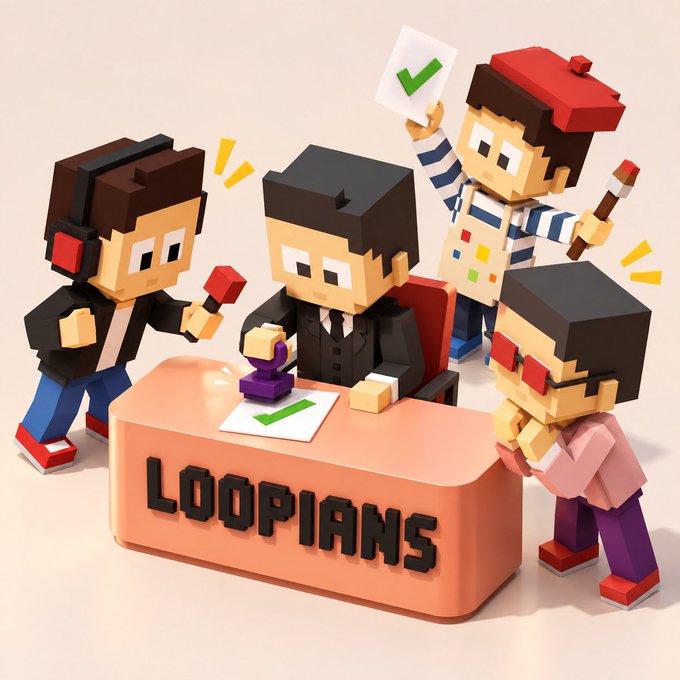 3D-rendered block-style characters labeled 'LOOPIANS' gathered around a desk, with one holding a green checkmark paper and another stamping a document.