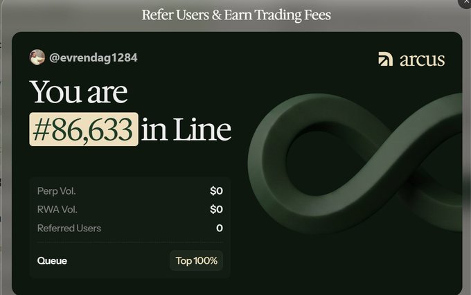 A dark-themed digital dashboard displays a user as '#86,633 in Line' with zero 'Perp Vol.', 'RWA Vol.', and 'Referred Users', under the header 'Refer Users & Earn Trading Fees' by Arcus.