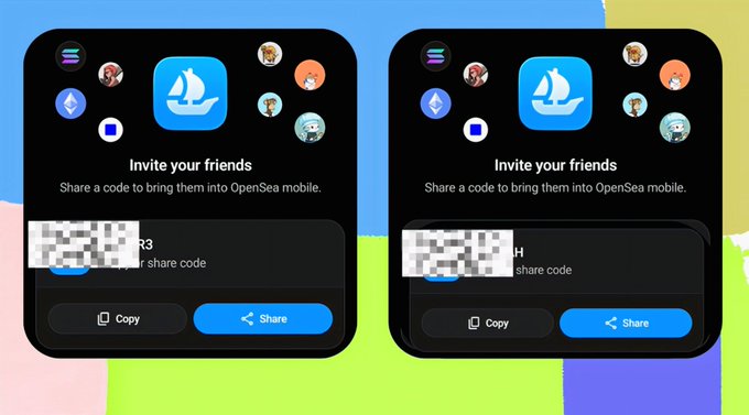 Two side-by-side screenshots of OpenSea mobile app referral invitations showing 'Invite your friends' messages with pixelated share codes and Copy/Share buttons.