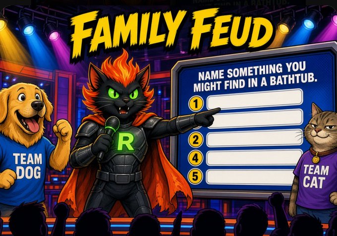 A cartoon parody of Family Feud features a flame-haired black cat in armor hosting the game, with a 'Team Dog' golden retriever on the left and a 'Team Cat' cat on the right, asking 'Name something you might find in a bathtub.'