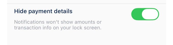 A "Hide payment details" toggle is switched on (green), with text explaining that notifications won't show amounts or transaction info on your lock screen—illustrating the private push notification preview that conceals sensitive transaction details.