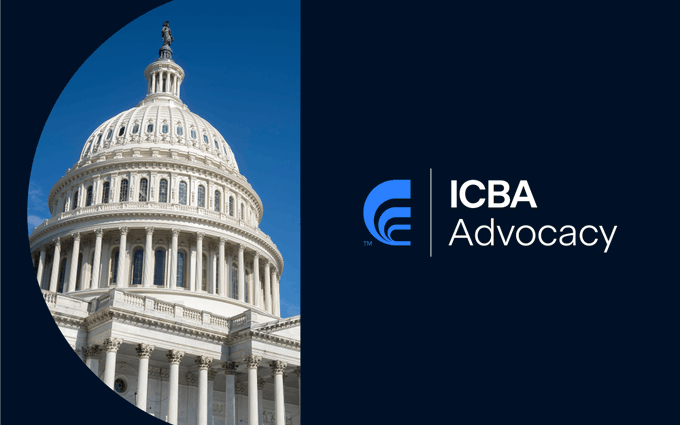 A promotional image with 'ICBA Advocacy' logo next to a circular image of the Capitol building against a dark blue backdrop.