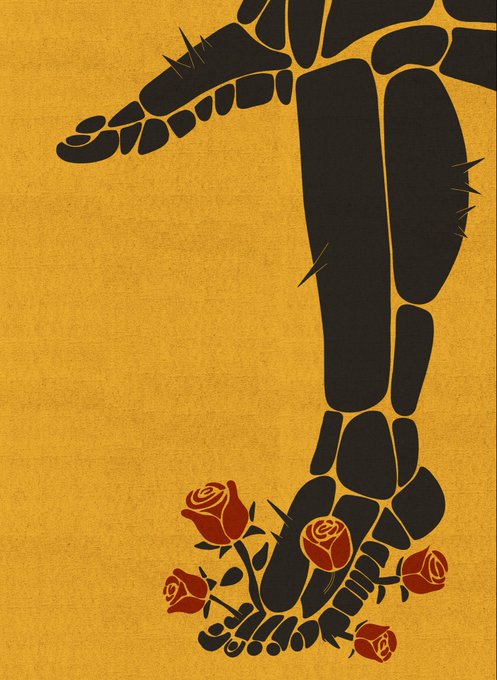 A bold black silhouette of a foot and lower leg steps forward onto red roses, set against a textured golden-yellow background, evoking the "Step on Thorns" concept with $XTZ (Tezos) cryptocurrency branding. The artwork visually represents the painful yet deliberate act referenced in the post's message.