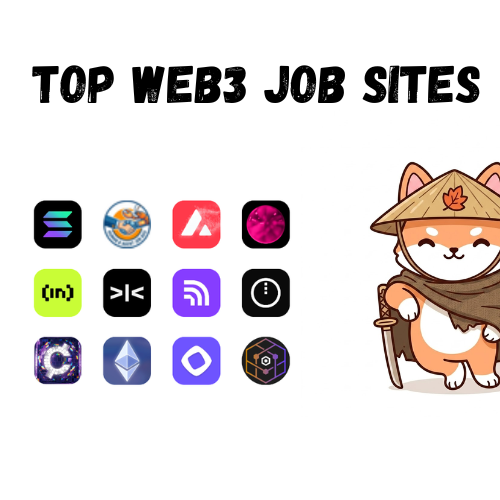 The image features a cartoon cat wearing a hat, standing next to a white background with various web3 job sites listed below it. The text "Top Web3 Job Sites" is written above the cat's head, indicating that these are the top web3 job sites for people looking for employment in this field.