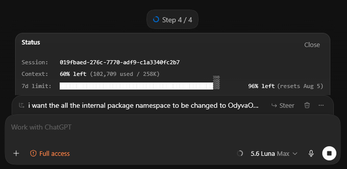 A Cursor AI interface showing session status with 60% context left and a prompt to change an internal package namespace to Odyv...
