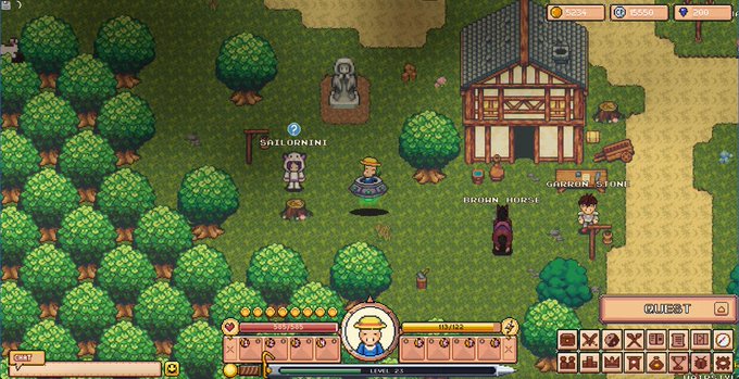 A pixel-art video game scene showing characters near a 'Sailorini' vendor, 'Grinding Stone', and 'Brown Horse' markers outside a building.