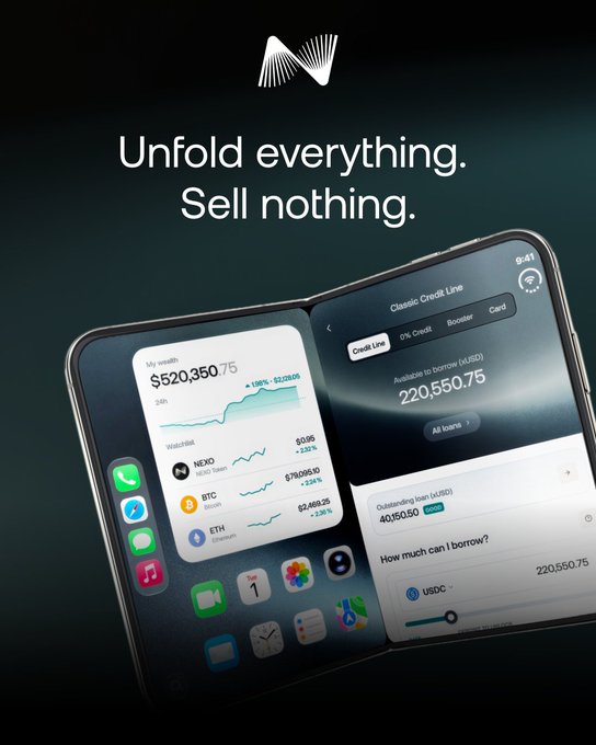 A promotional advertisement for a foldable device or wallet app featuring a smartphone displaying portfolio balances for NEO, BTC, and ETH, with the tagline 'Unfold everything. Sell nothing.'