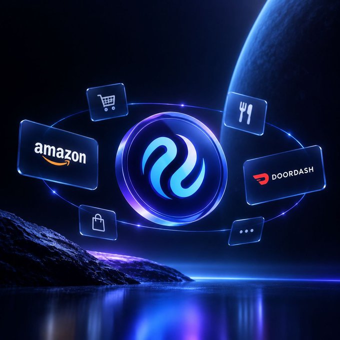 Sci-fi styled Injective marketing image showing the Injective logo orbited by consumer brand logos including Amazon and DoorDash against a cosmic space backdrop.