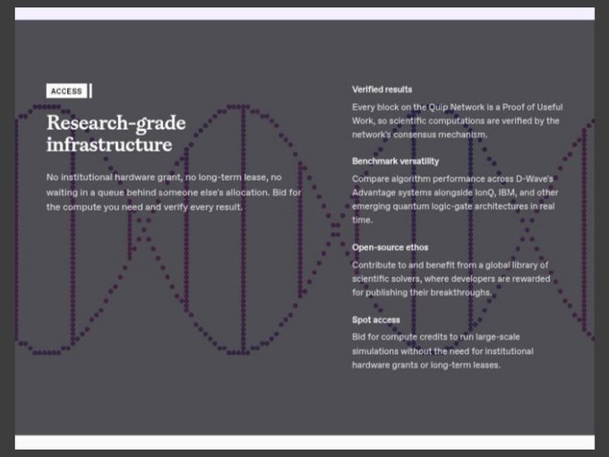 A presentation slide titled 'Research-grade infrastructure' discussing the Quip Network. Bullet points include Verified results, Benchmark versatility, Open-source ethos, and Spot access, with text overlaid on a DNA-like graphic.