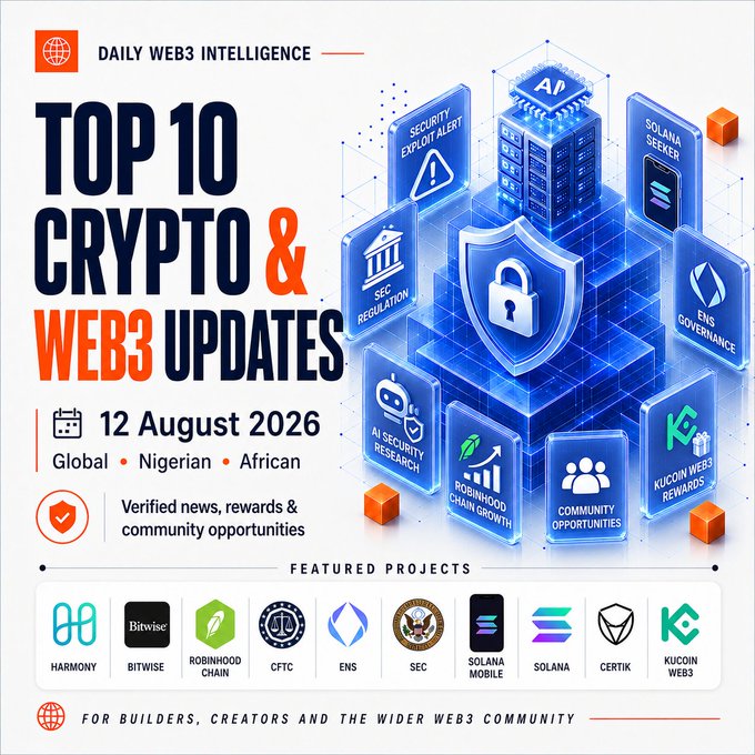 A flyer titled 'TOP 10 CRYPTO & WEB3 UPDATES' dated '12 August 2026' for Daily Web3 Intelligence, featuring featured projects like Harmony, Bitwise, Robinhood Chain, CFTC, ENS, SEC, Solana Mobile, Solana, Certik, and KuCoin Web3.