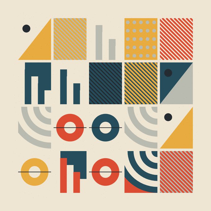 A geometric abstract design featuring various shapes, patterns, and textures in a color palette of navy blue, mustard yellow, red-orange, and gray on a cream background.