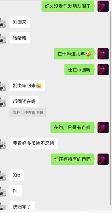 A Chinese-language WeChat conversation between two friends catching up after a long time, discussing the friend's return, crypto investments, and mentions of XRP and FIL coins.