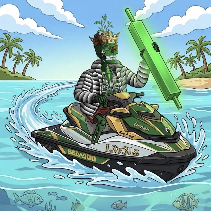 A cartoon-style NFT artwork of a skeleton with a plant growing from its head, wearing a crown and puffy jacket, riding a green and white 'SEA-DOO' jet ski labeled 'Degen', 'Rug Proof', and 'L3V3LZ'.