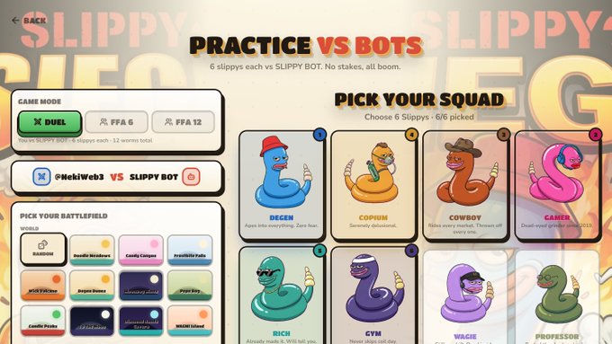 A 'PRACTICE VS BOTS' game mode screen from a Slippy game, showing squad selection with characters like Decen, Copium, Cowboy, and Gamer.