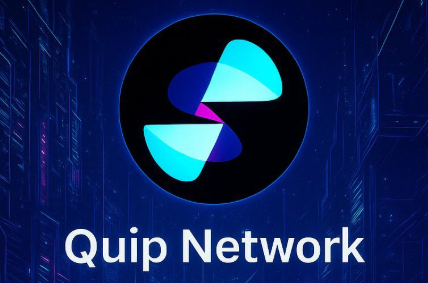 A digital logo featuring a stylized "S" shape in cyan and purple within a black circle, set against a dark blue circuit-board background, with "Quip Network" written below. The image ties into the post's theme by visually branding Quip Network as a tech-driven project where the post explores how value circulates within its decentralized quantum infrastructure as adoption expands.