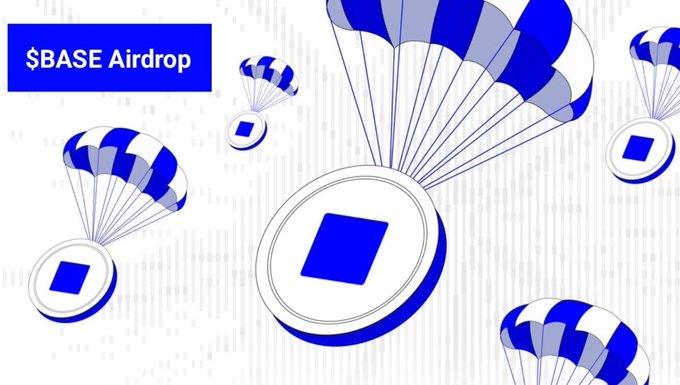 A graphic with blue and white parachutes delivering coins marked with the Base logo accompanies a post about the upcoming $BASE token launch, visually symbolizing an "airdrop." The label "$BASE Airdrop" in the top-left corner reinforces the post's speculation about Base's testnet activities and the possibility of a TGE (Token Generation Event) happening soon.