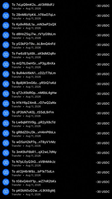 A list of 16 (with more cut off) outgoing USDC transfers of $30 each, dated Aug 11, 2026, sent to various wallet addresses. This appears to be visual "proof" that the poster is fulfilling their $30 giveaway promise by showing completed transactions to participants.