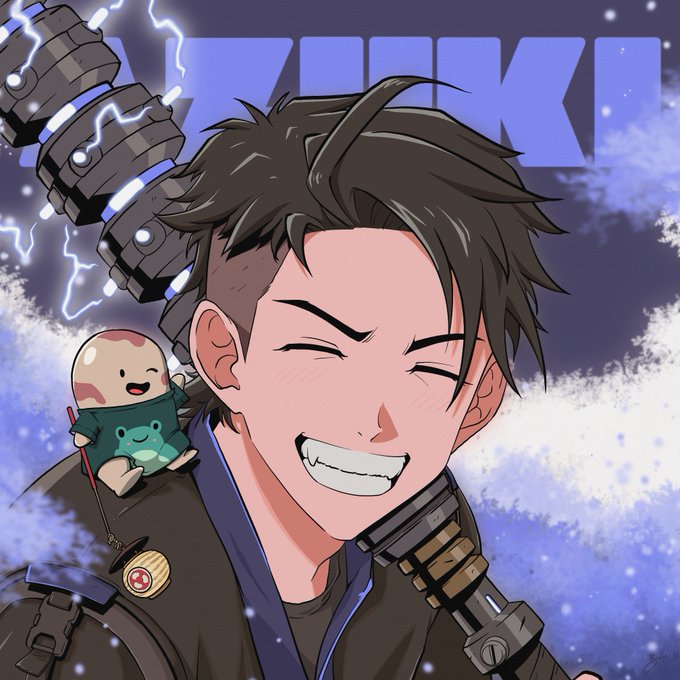 An anime-style illustration of a smiling young man with brown hair, a small creature on his shoulder, and a large mechanical weapon emitting electricity behind him, with the text 'YUKI' partially visible.