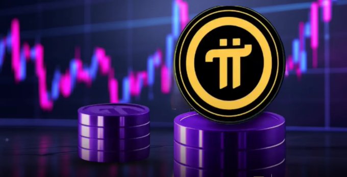 The image displays a prominent gold Pi (π) Network coin standing atop stacked purple coins, set against a backdrop of a vibrant pink and blue cryptocurrency trading chart. It visually represents Pi's market presence and the trading opportunities that could expand with Protocol 27's enhanced smart contract capabilities.