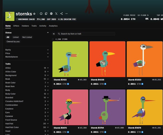 A screenshot of the Stornks NFT collection page on Robinhood Chain showing 4,200 items at a floor price of 0.0054 ETH, with colorful cartoon stork characters listed at 0.0055 ETH each. The image illustrates the user's post about minting and acquiring Stornks NFTs from the secondary market.