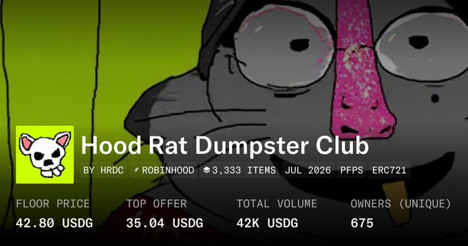 An NFT collection page for 'Hood Rat Dumpster Club' by HRDC, showing a floor price of 42.80 USDG, top offer of 35.04 USDG, total volume of 42K USDG, and 675 unique owners.