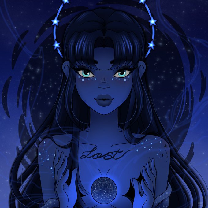 A blue-toned digital illustration depicts a celestial figure labeled "Urania - Goddess," the Greek muse of astronomy, shown with a starry halo, glowing green eyes, and the word "Lost" written across her chest as she cradles a glowing orb, capturing the cosmic theme of the NFTNYC 2026 Community Artist Showcase submission.