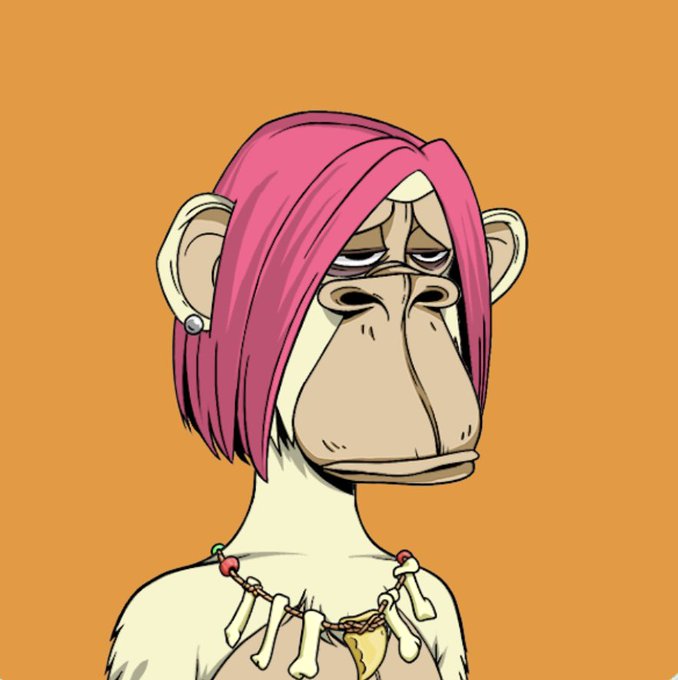 A cartoon illustration of a bored-looking monkey with pink bobbed hair and large ears wears a primitive bone and tooth necklace against a solid orange background.