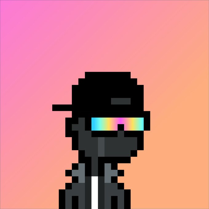 A pixel art illustration shows a dark silhouette of a figure wearing a cap and iridescent rainbow sunglasses, set against a pink and orange gradient background.