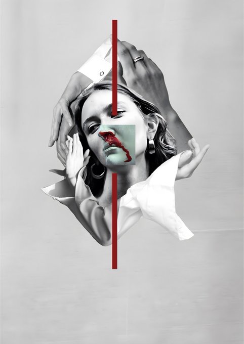 A surreal black-and-white collage artwork featuring a woman's face and hands, sliced vertically by a red line, with a patch of red bleeding over her mouth.