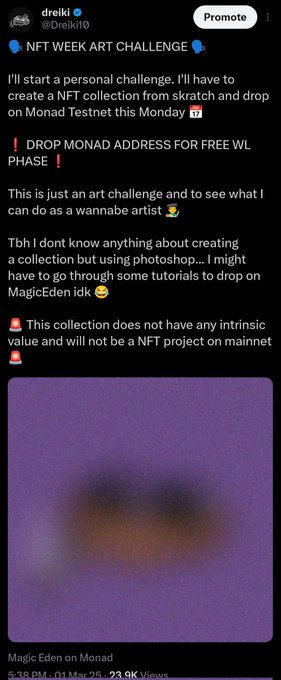 The image shows a social media post with a purple background, featuring a photo of an artwork that has been posted as part of a challenge or competition. The post includes text about the challenge and mentions that it's related to the #Fork week art challenge. The artist behind the artwork is Monad, who is known for their work on the blockchain. The post also contains a link to a video where Monad explains more about the challenge and its purpose.