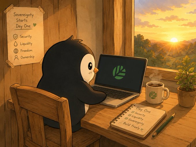 An illustration of a penguin working on a laptop displaying a green leaf logo, with a "Sovereignty Starts Day One" poster listing Security, Liquidity, Freedom, and Ownership, alongside a notebook titled "Day One" with similar bullet points.