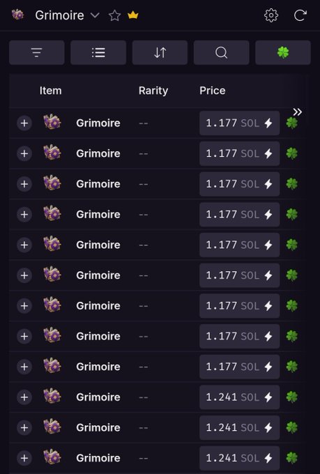 A marketplace listing shows multiple "Grimoire" items priced at either 1.177 SOL or 1.241 SOL each, with all items displaying "--" for rarity. The image relates to the post by illustrating the floor/bulk pricing of Grimoire NFTs from the Everdraw RPG project, reinforcing the author's cautious stance about the NFT market despite some KOL bullishness around the founder's past success with AVAX presales.