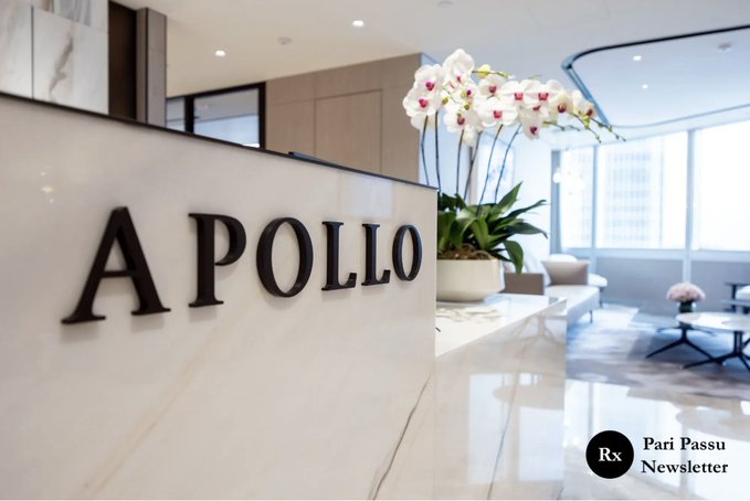 A luxurious office reception area with an 'APOLLO' sign on a marble wall, an orchid plant, and seating with a city view, marked with a 'Pari Passu Newsletter' logo.