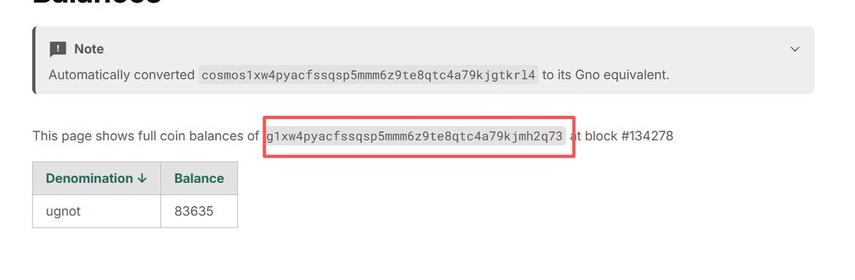 A balance page showing a note about automatic conversion of cosmos1xw4pyacfssqsp5mmm6z9te8qtc4a79kjgtkr14 to its Gno equivalent, with a red box highlighting an address ending in 'jmh2q73' and a table showing ugnot balance of 83635.