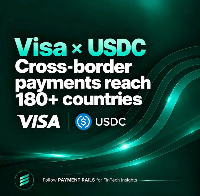 A promotional graphic reading 'Visa x USDC Cross-border payments reach 180+ countries' with the Visa and USDC logos, and 'Follow PAYMENT RAILS for FinTech Insights' at the bottom.