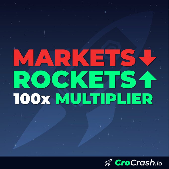 A graphic for CroCrash.io with a space background featuring the text 'MARKETS DOWN, ROCKETS UP, 100x MULTIPLIER' in red and green.