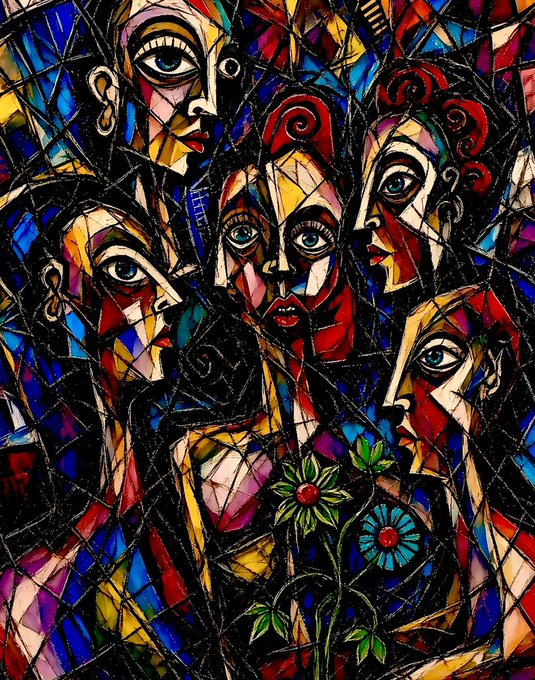 A colorful cubist-style painting showing multiple fragmented faces with expressive eyes and geometric patterns in red, blue, yellow, and green hues.